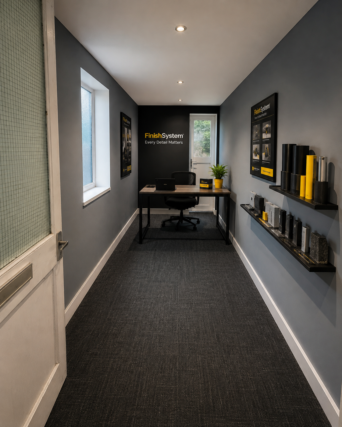 FinishSystem branded workspace and product displays