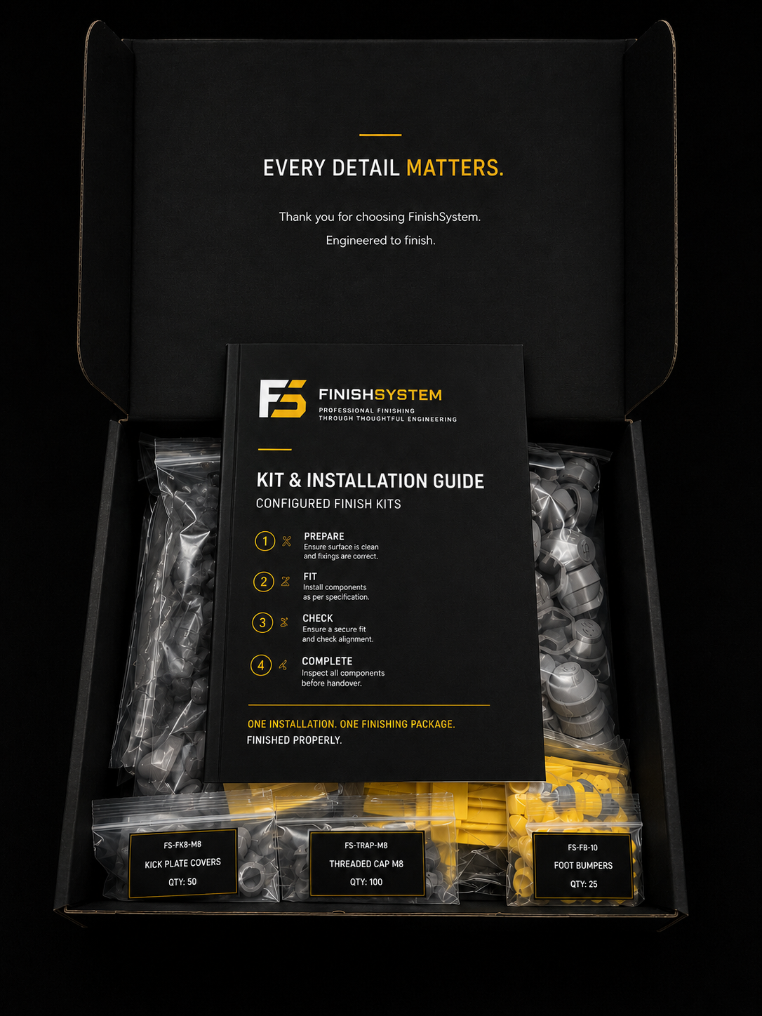 FinishSystem configured kit with installation guide and labelled components